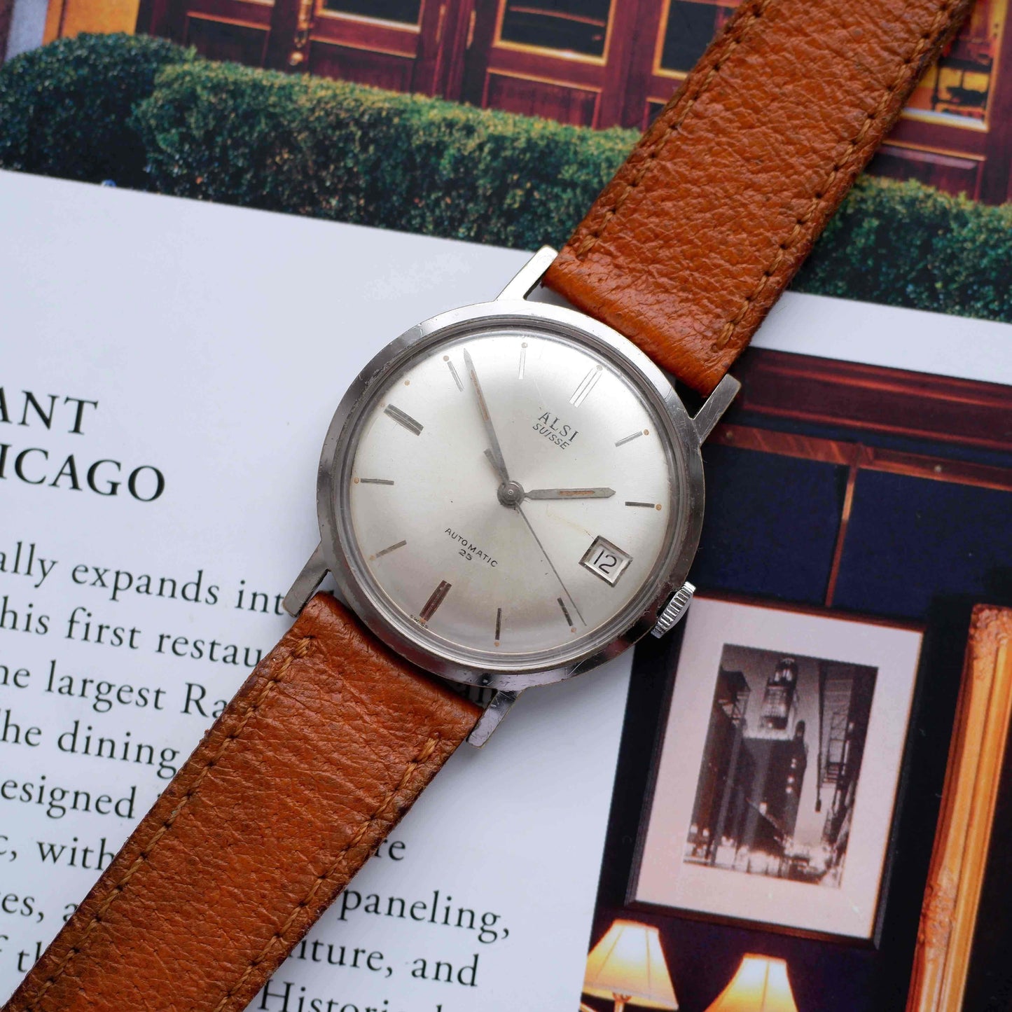 Vintage Alsi Suisse Automatic Watch 60s Sunburst Silver Dial Date