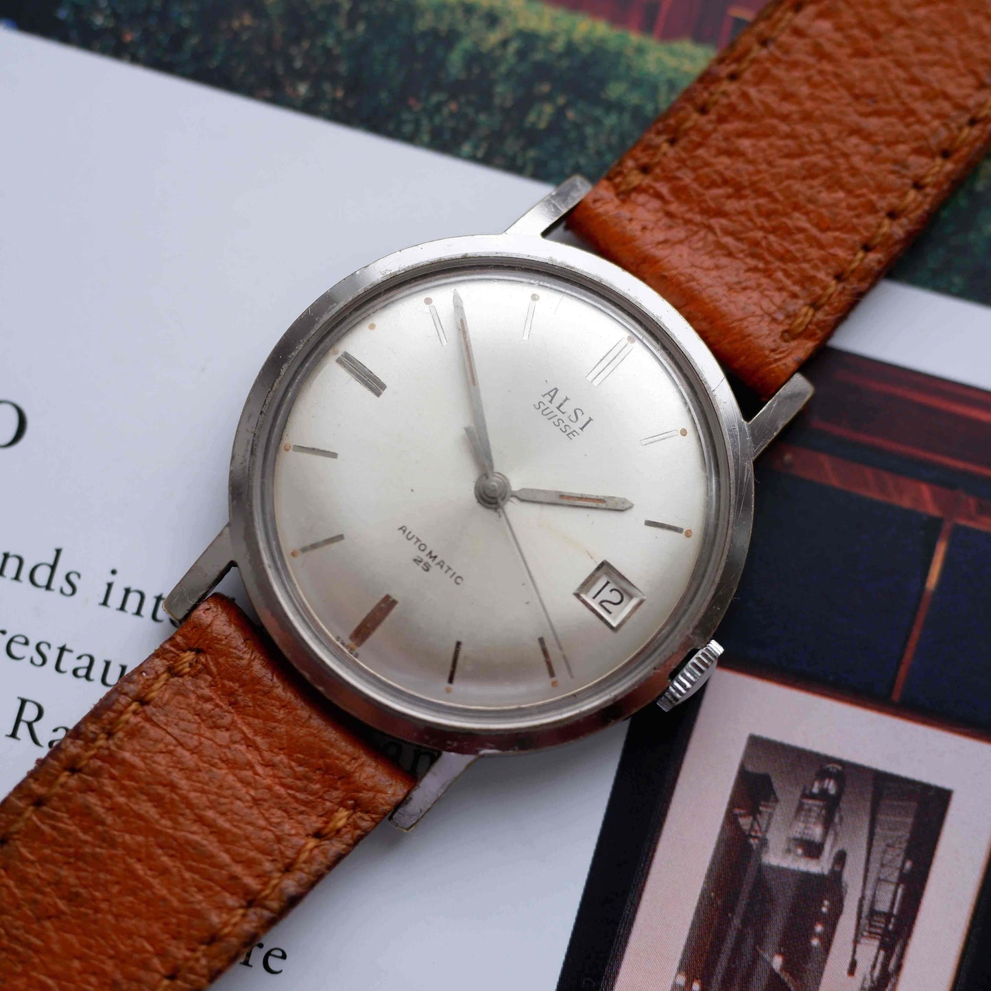 Vintage Alsi Suisse Automatic Watch 60s Sunburst Silver Dial Date