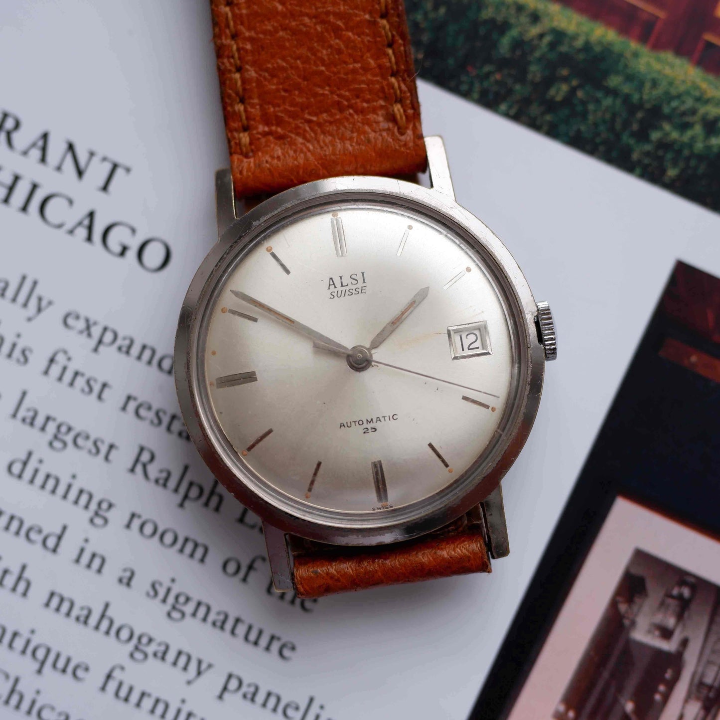 Vintage Alsi Suisse Automatic Watch 60s Sunburst Silver Dial Date