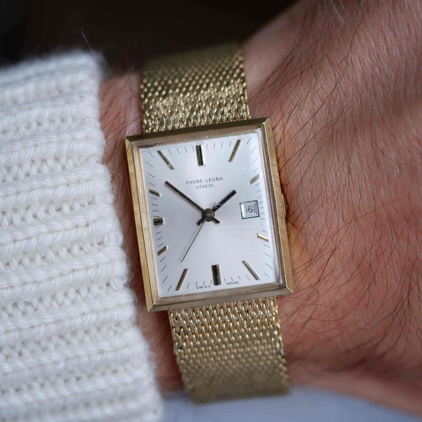 Vintage Favre-Leuba 70s Swiss Mechanical Tank Watch Golden Mesh Bracelet