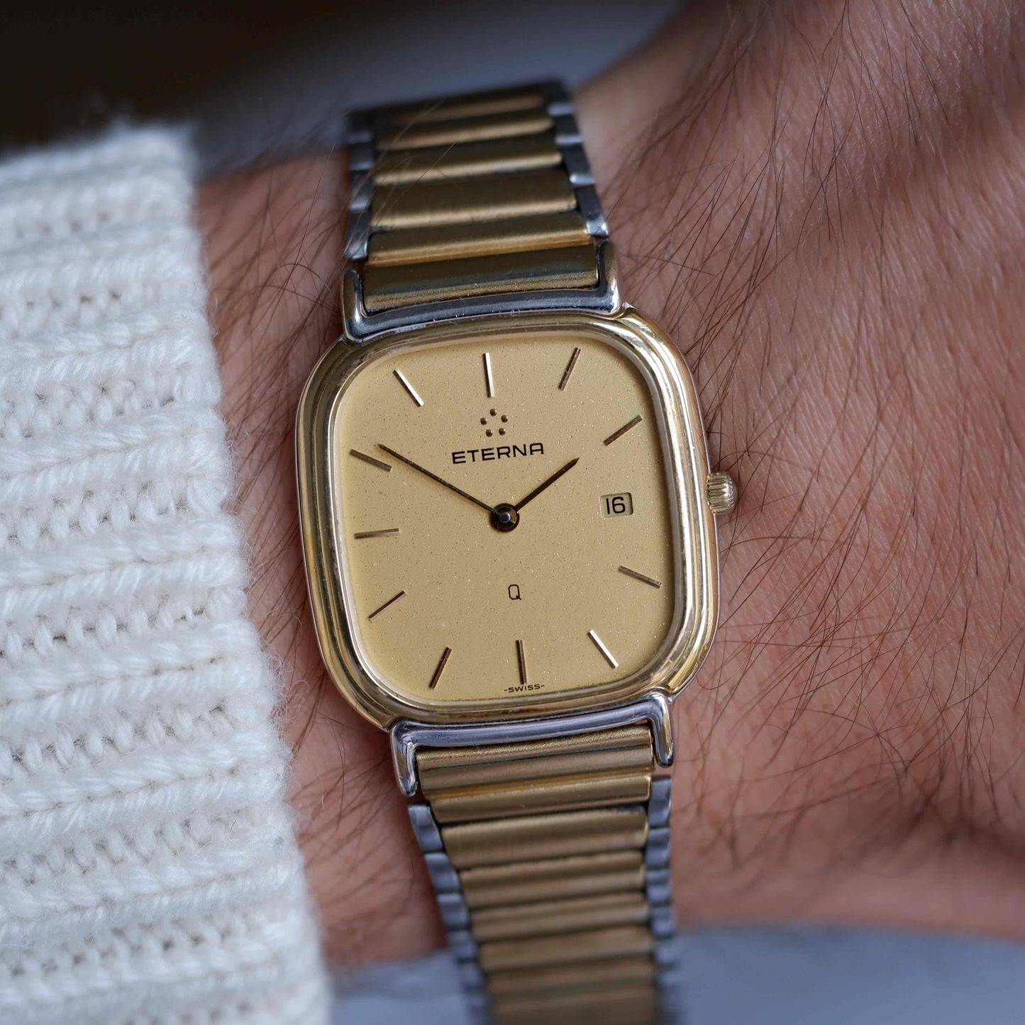 Vintage Eterna Tank Watch Two-Tone Champagne Dial Swiss Made 80s