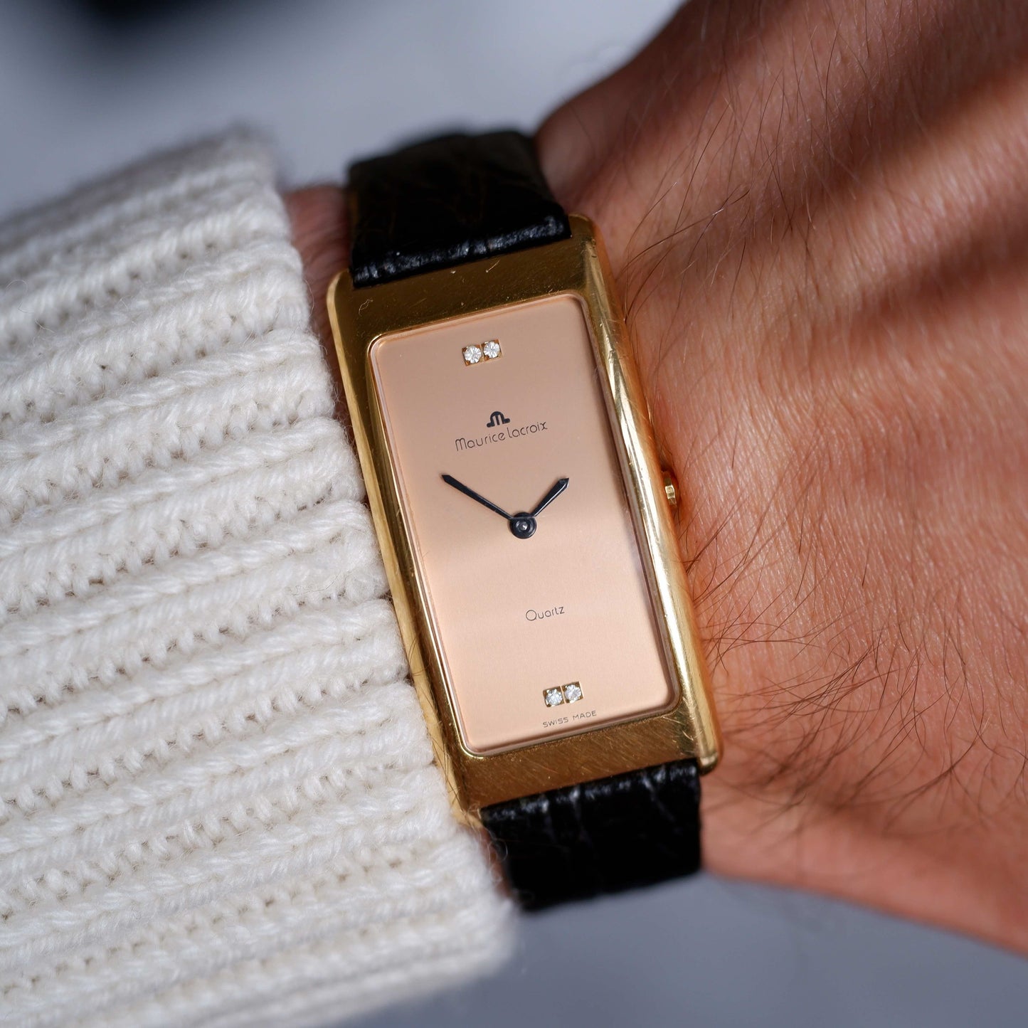 Vintage Maurice Lacroix Tank Watch Salmon Dial 80s Gold with Diamonds