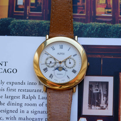 Vintage Alfex Moon Phase Day-Date 90s Gold Quartz