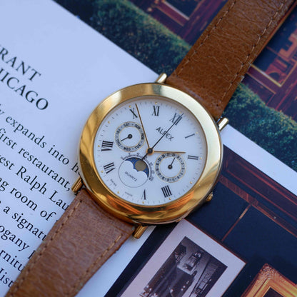 Vintage Alfex Moon Phase Day-Date 90s Gold Quartz