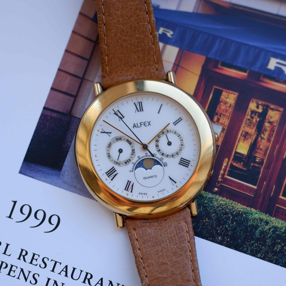 Vintage Alfex Moon Phase Day-Date 90s Gold Quartz