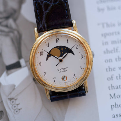 Vintage Orient Chandor Moon Phase Dress Watch 90s Gold Quartz