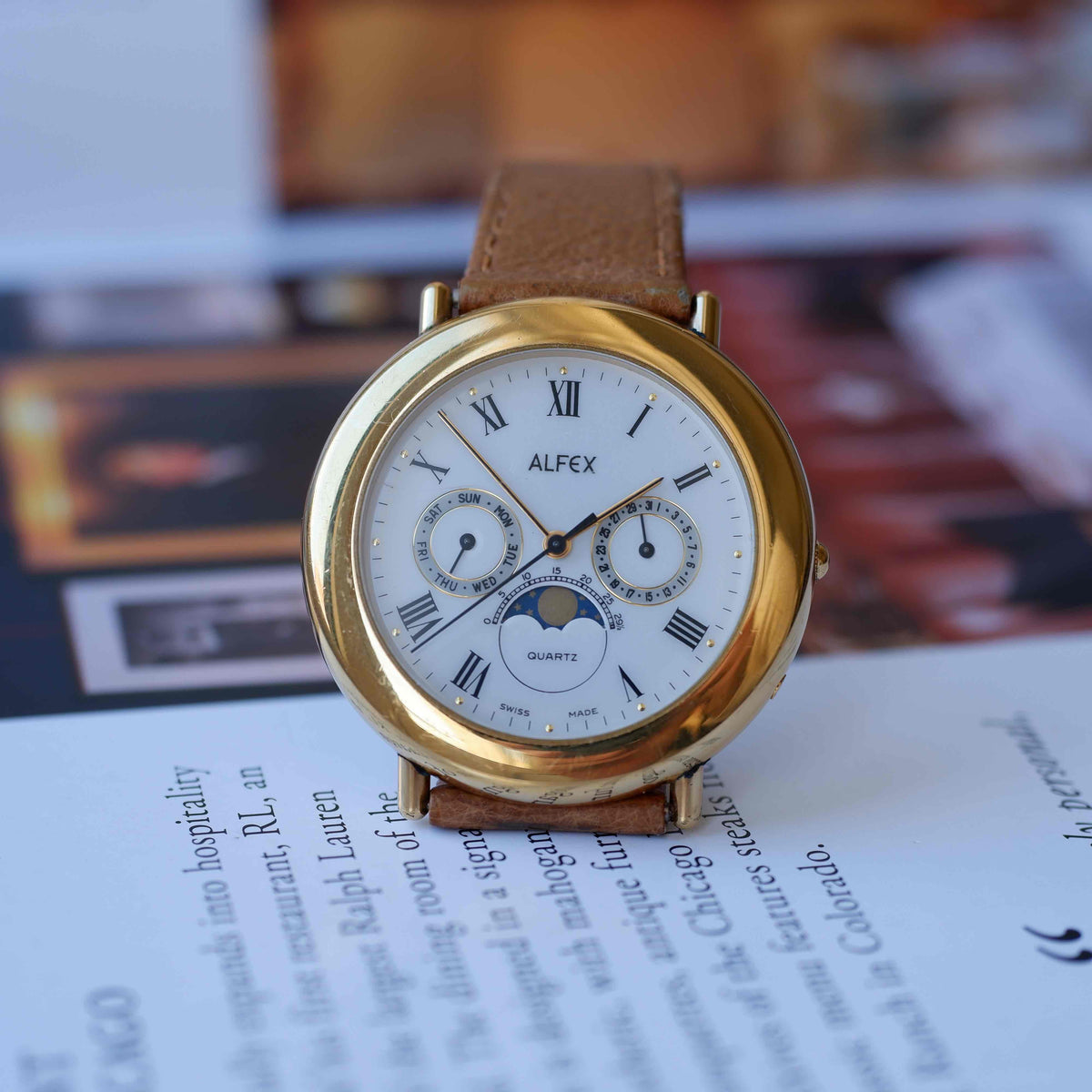 Vintage Alfex Moon Phase Day-Date 90s Gold Quartz