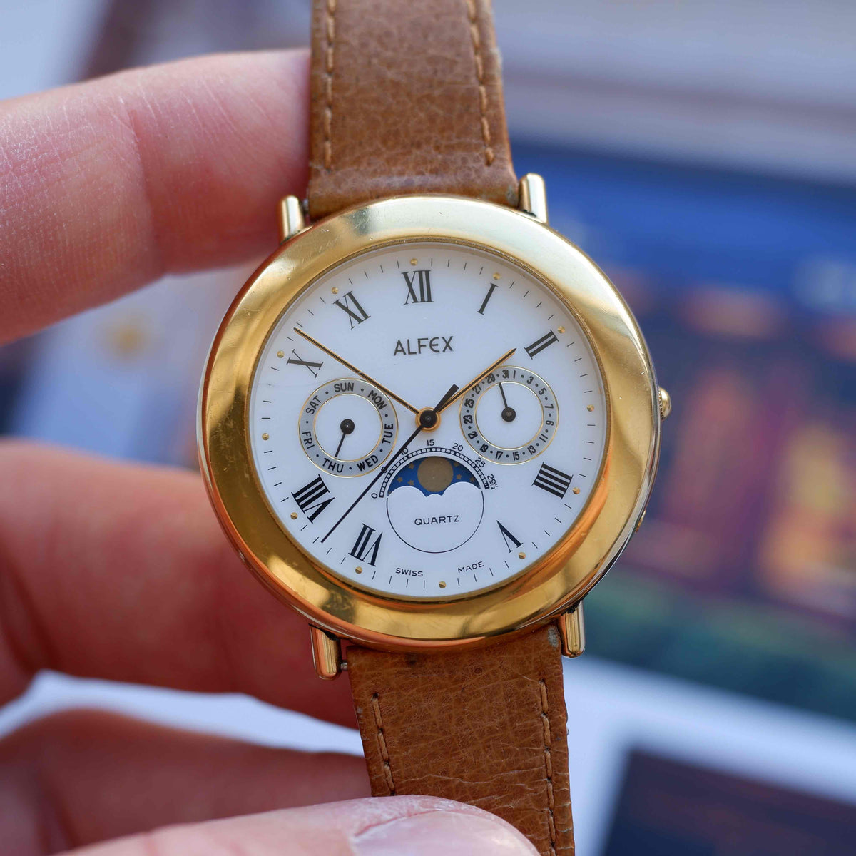 Vintage Alfex Moon Phase Day-Date 90s Gold Quartz