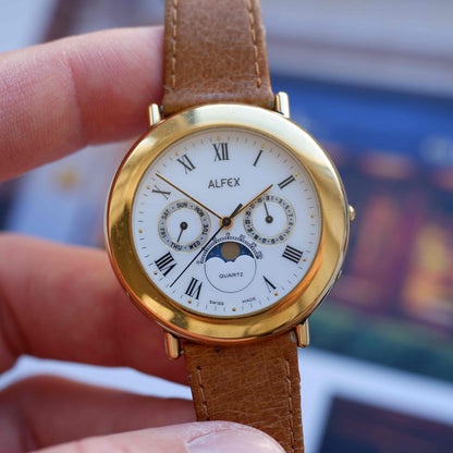 Vintage Alfex Moon Phase Day-Date 90s Gold Quartz