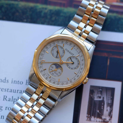 Vintage Tissot PR 100 Moonphase Full Calendar 90s Two-Tone Mid-Size Quartz with Box