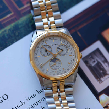 Vintage Tissot PR 100 Moonphase Full Calendar 90s Two-Tone Mid-Size Quartz with Box