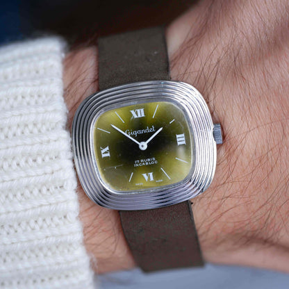 Vintage Gigandet Mechanical 70s Textured TV Case Green Dial Swiss Mint