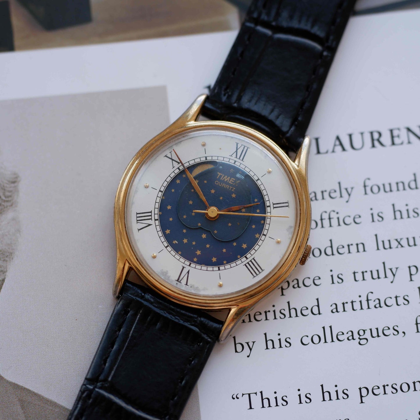 Vintage Timex Moonphase Blue Dial Watch 80s Gold Roman Numerals