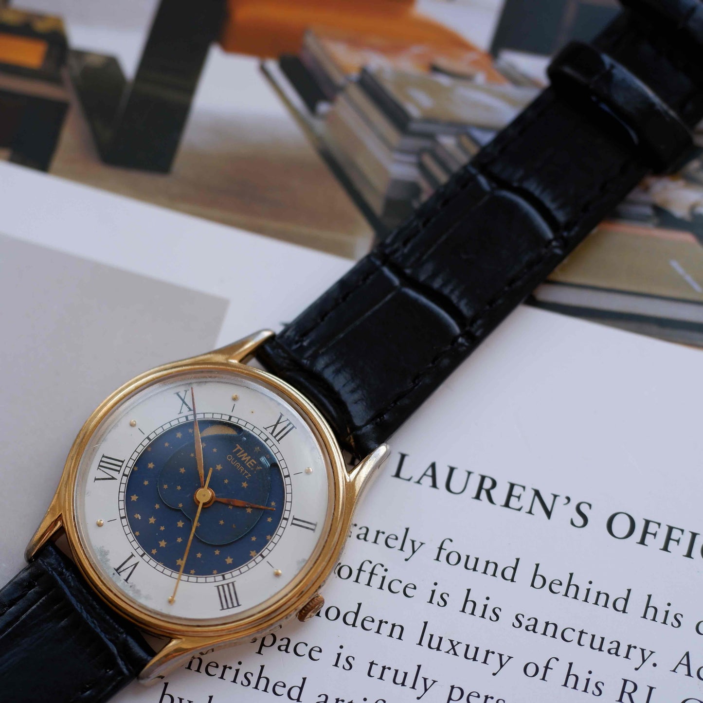 Vintage Timex Moonphase Blue Dial Watch 80s Gold Roman Numerals