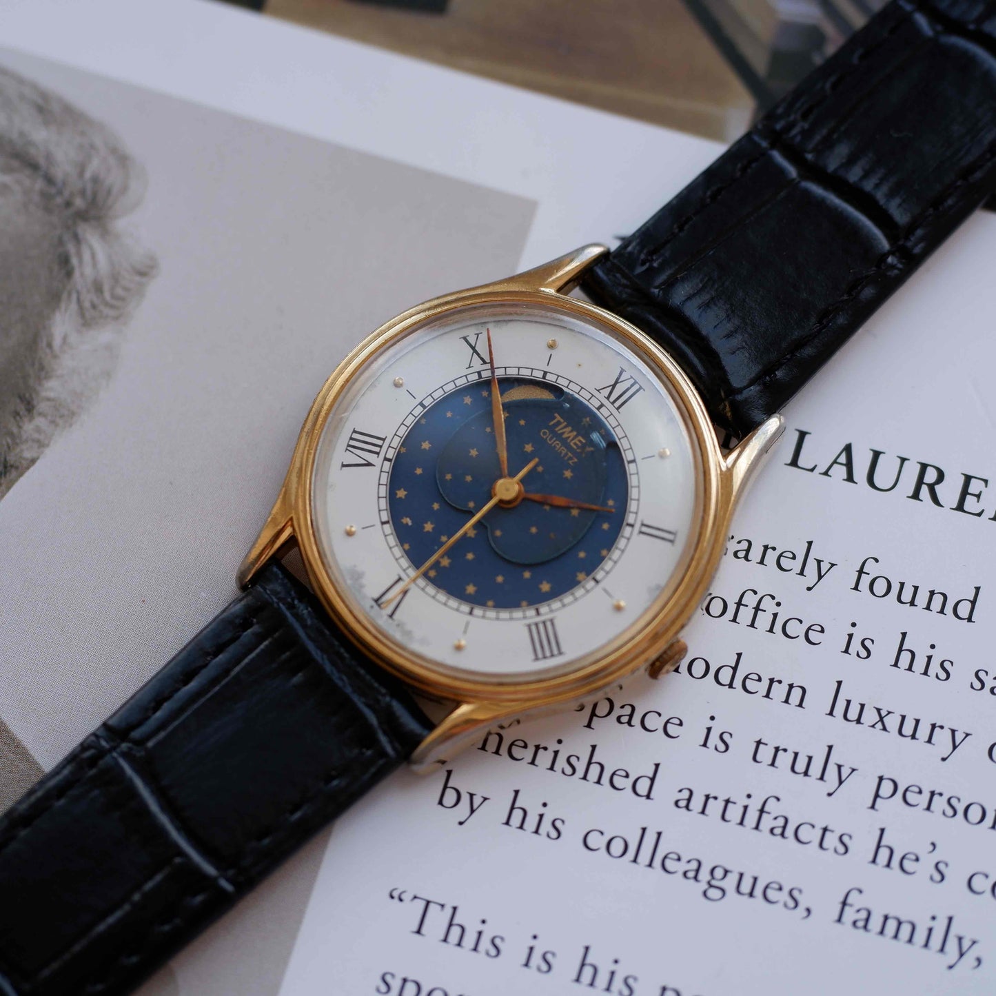 Vintage Timex Moonphase Blue Dial Watch 80s Gold Roman Numerals