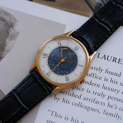 Vintage Timex Moonphase Blue Dial Watch 80s Gold Roman Numerals