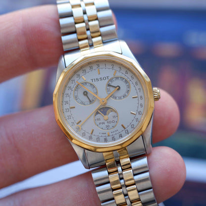 Vintage Tissot PR 100 Moonphase Full Calendar 90s Two-Tone Mid-Size Quartz with Box