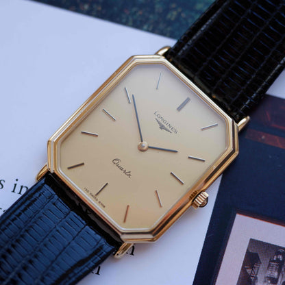 Vintage Longines Tank Dress Watch 80s Ultra Thin Gold Dial