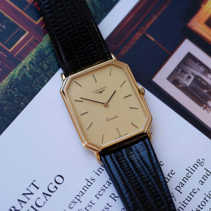 Vintage Longines Tank Dress Watch 80s Ultra Thin Gold Dial