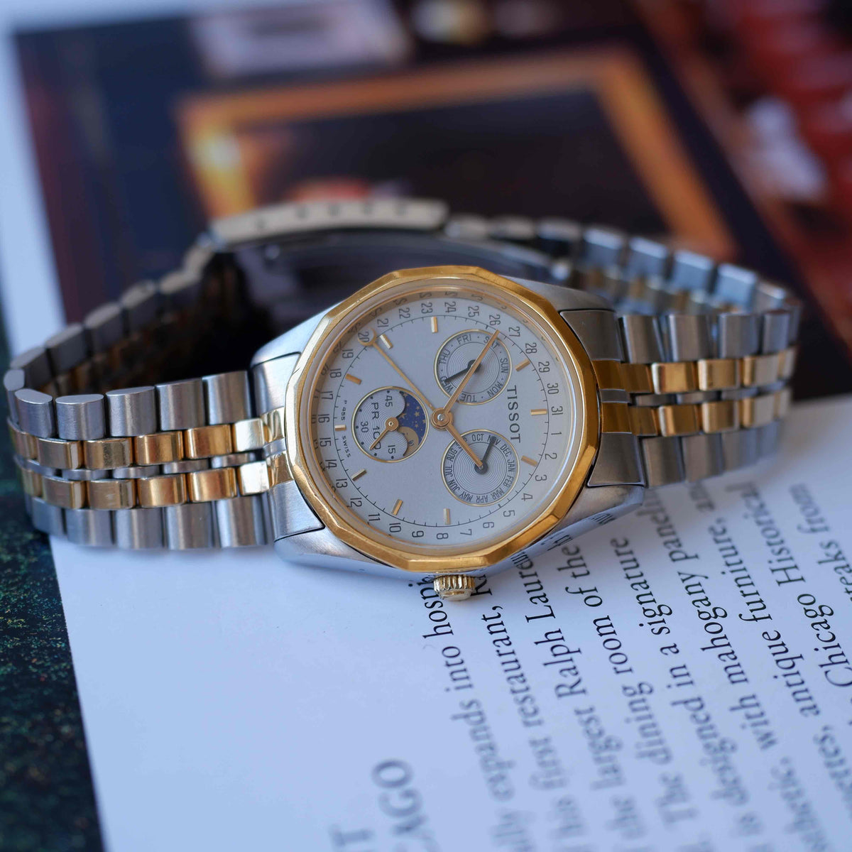 Vintage Tissot PR 100 Moonphase Full Calendar 90s Two-Tone Mid-Size Quartz with Box