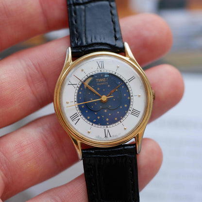 Vintage Timex Moonphase Blue Dial Watch 80s Gold Roman Numerals