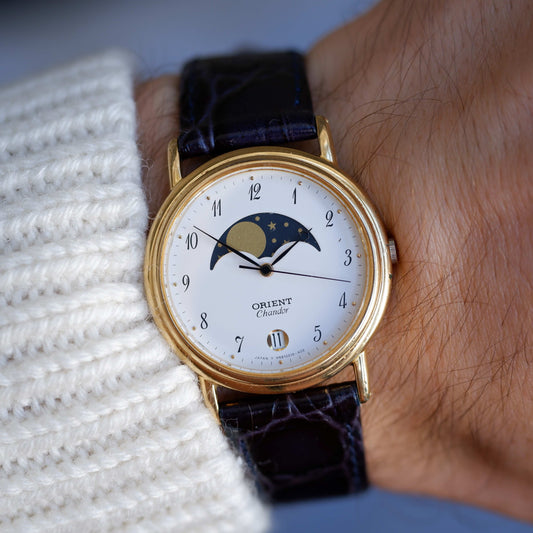 Vintage Orient Chandor Moon Phase Dress Watch 90s Gold Quartz
