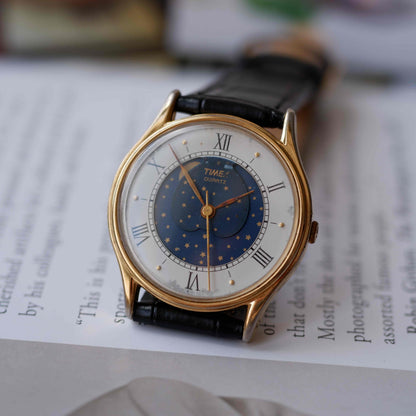 Vintage Timex Moonphase Blue Dial Watch 80s Gold Roman Numerals