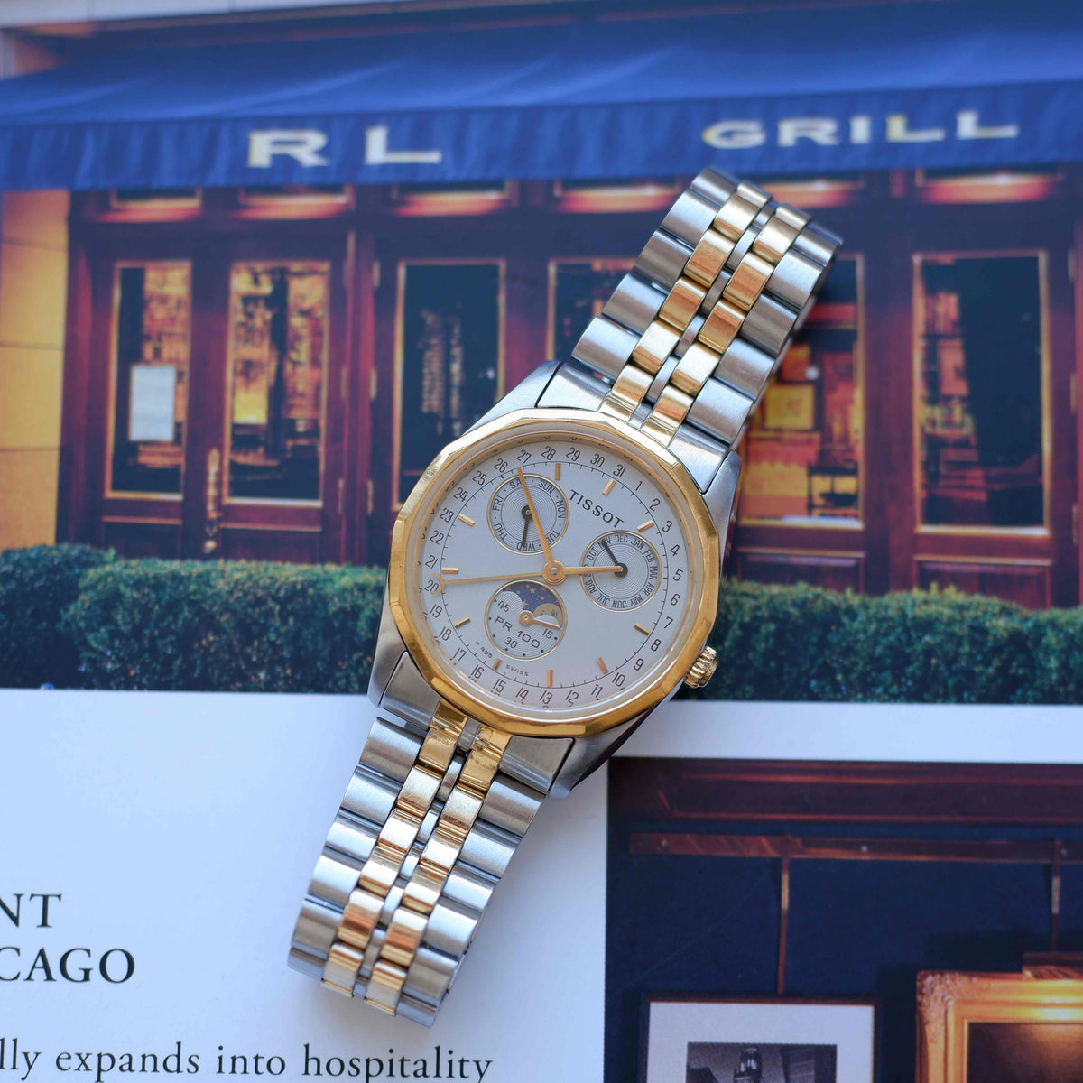 Vintage Tissot PR 100 Moonphase Full Calendar 90s Two-Tone Mid-Size Quartz with Box