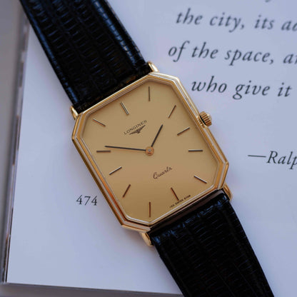 Vintage Longines Tank Dress Watch 80s Ultra Thin Gold Dial