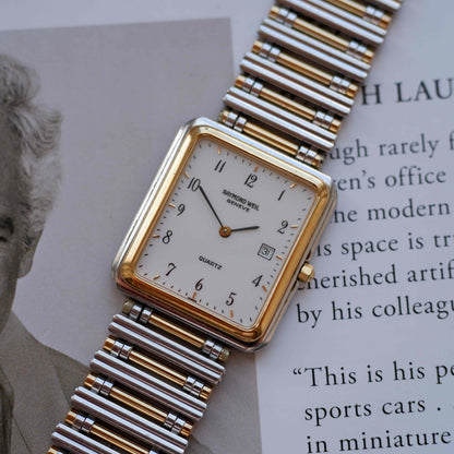 Vintage Raymond Weil Tank Dress Watch Two-Tone White Dial Arabic Numerals