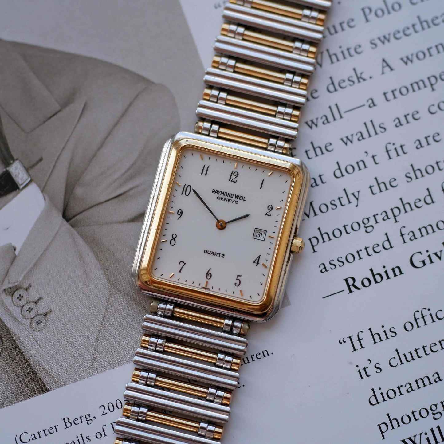 Vintage Raymond Weil Tank Dress Watch Two-Tone White Dial Arabic Numerals