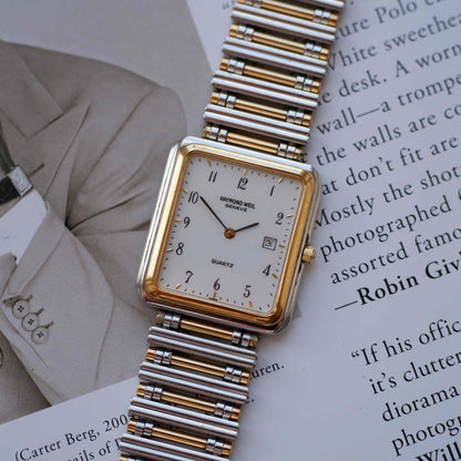 Vintage Raymond Weil Tank Dress Watch Two-Tone White Dial Arabic Numerals