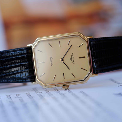 Vintage Longines Tank Dress Watch 80s Ultra Thin Gold Dial