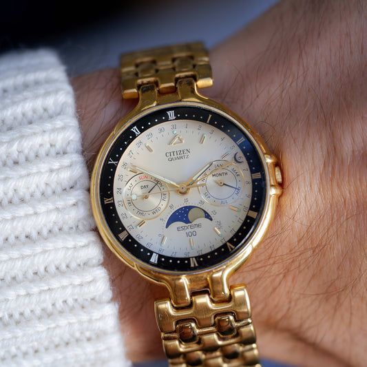 Vintage Citizen Espreme 100 Moon Phase Watch 90s Gold Quartz