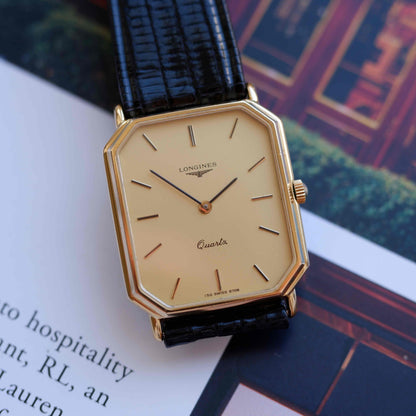 Vintage Longines Tank Dress Watch 80s Ultra Thin Gold Dial