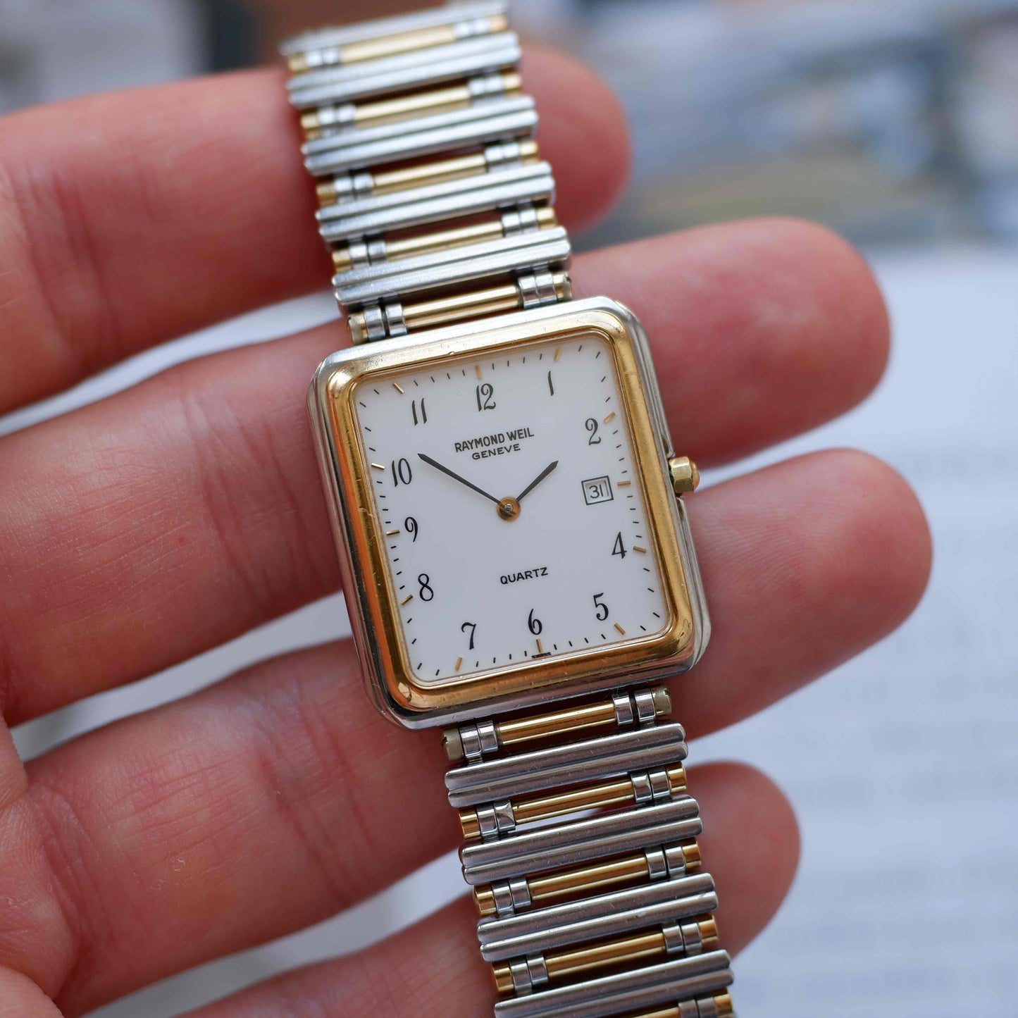 Vintage Raymond Weil Tank Dress Watch Two-Tone White Dial Arabic Numerals
