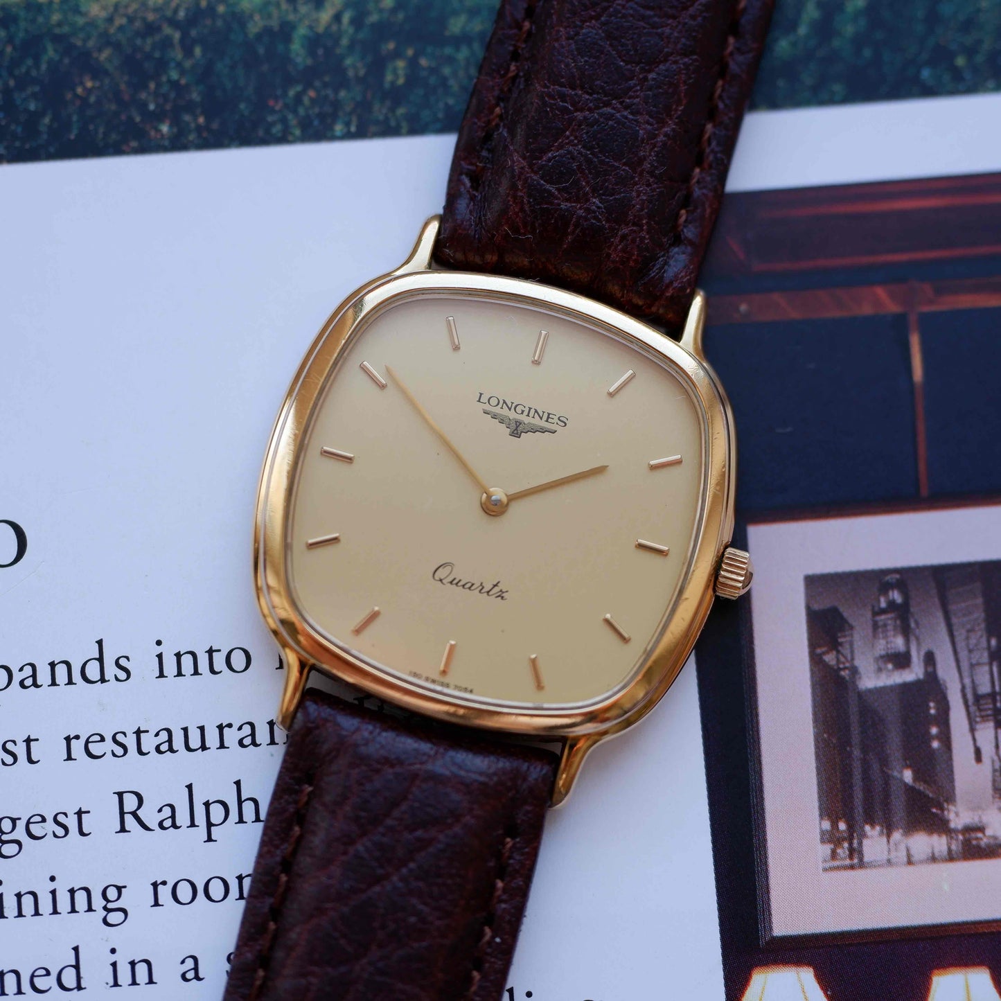Vintage Longines Cushion Case Watch 80s Gold Dial with Box - MINT