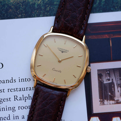 Vintage Longines Cushion Case Watch 80s Gold Dial with Box - MINT