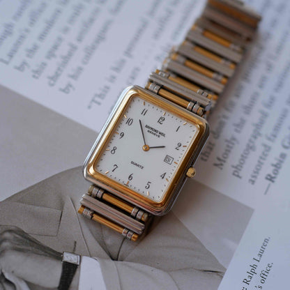Vintage Raymond Weil Tank Dress Watch Two-Tone White Dial Arabic Numerals