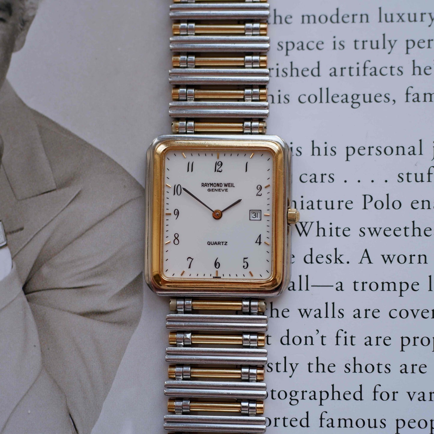 Vintage Raymond Weil Tank Dress Watch Two-Tone White Dial Arabic Numerals