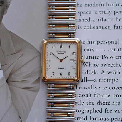 Vintage Raymond Weil Tank Dress Watch Two-Tone White Dial Arabic Numerals