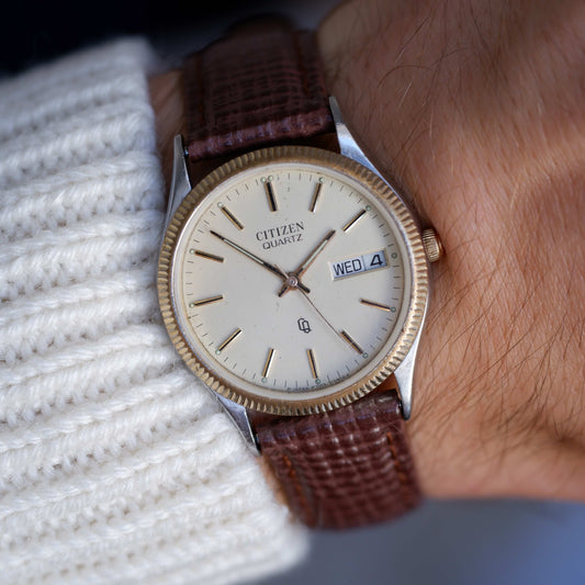 Vintage Citizen Dress Watch Day Date 70s Gold Two Tone Ivory Dial Quartz