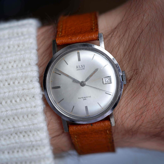 Vintage Alsi Suisse Automatic Watch 60s Sunburst Silver Dial Date