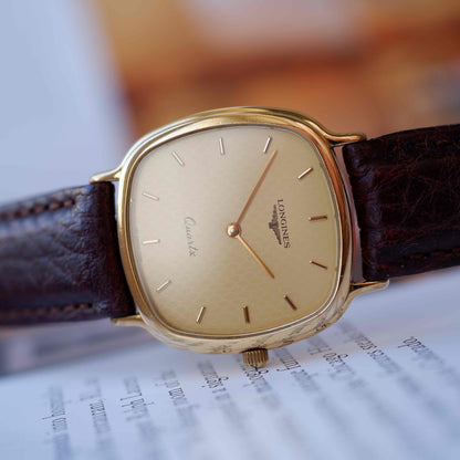 Vintage Longines Cushion Case Watch 80s Gold Dial with Box - MINT