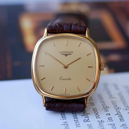 Vintage Longines Cushion Case Watch 80s Gold Dial with Box - MINT