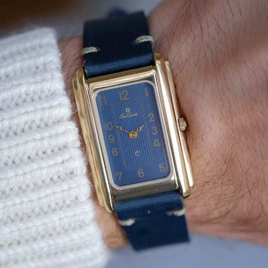 Vintage Osco Tank Watch 80s Gold Blue Dial and Guilloche Dial