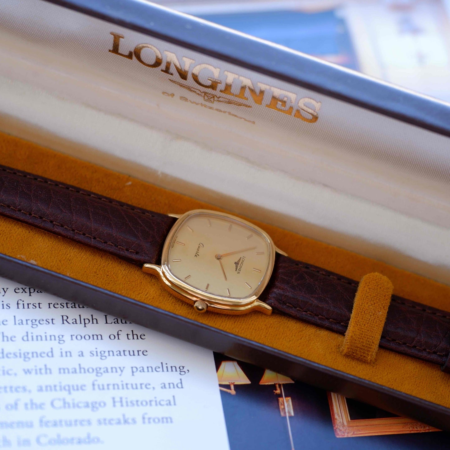 Vintage Longines Cushion Case Watch 80s Gold Dial with Box - MINT