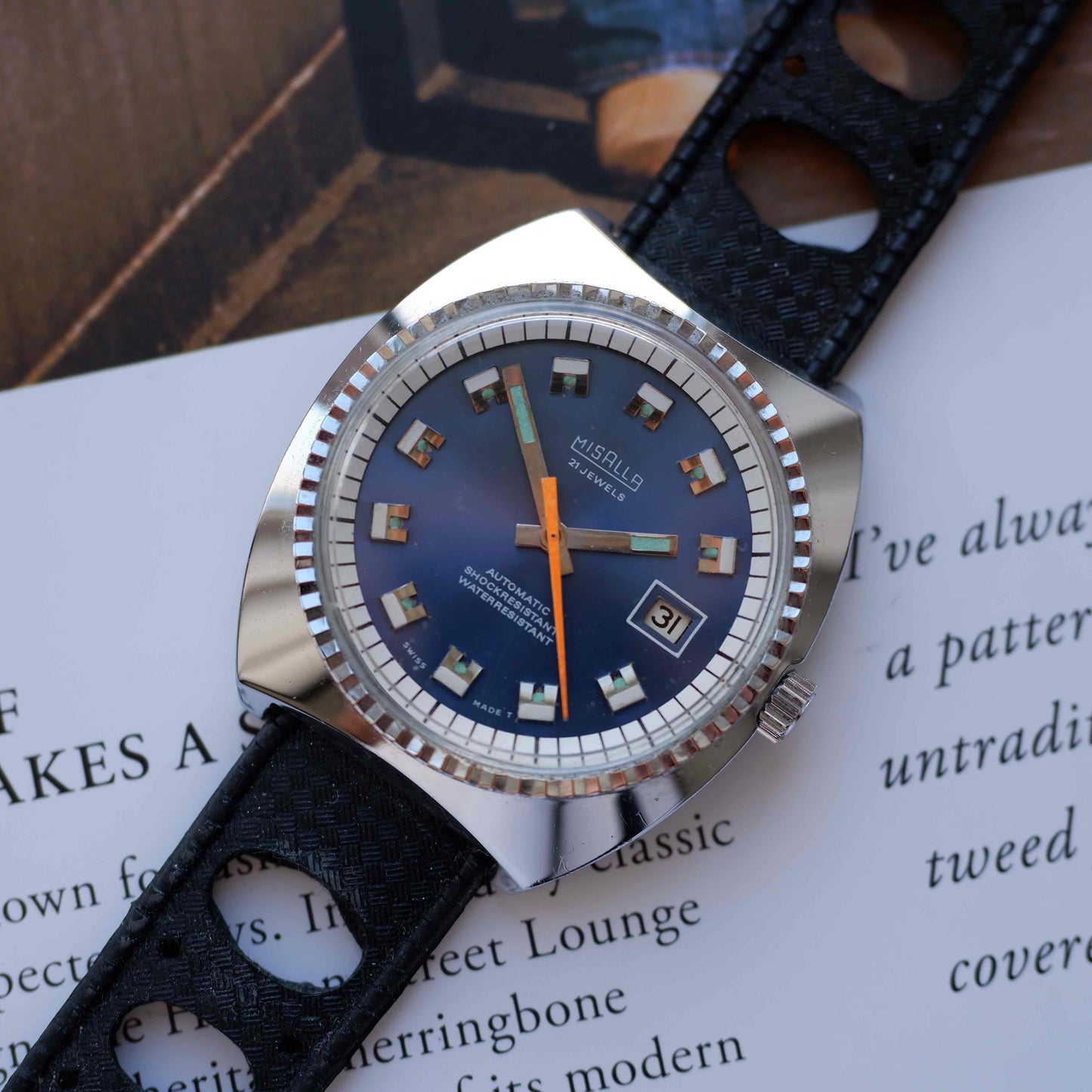 Vintage Misalla 70s Diver Automatic Cushion Case Blue Sunburst Dial MINT