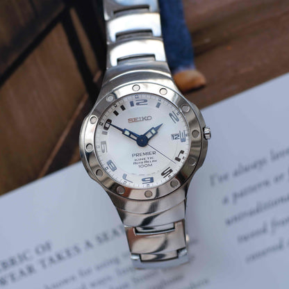 Vintage Seiko Premier Kinetic Auto Relay 100M Watch White Dial Japan