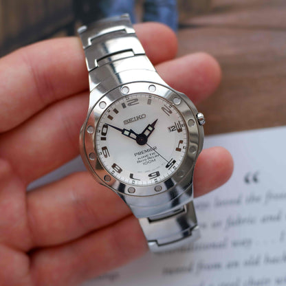 Vintage Seiko Premier Kinetic Auto Relay 100M Watch White Dial Japan